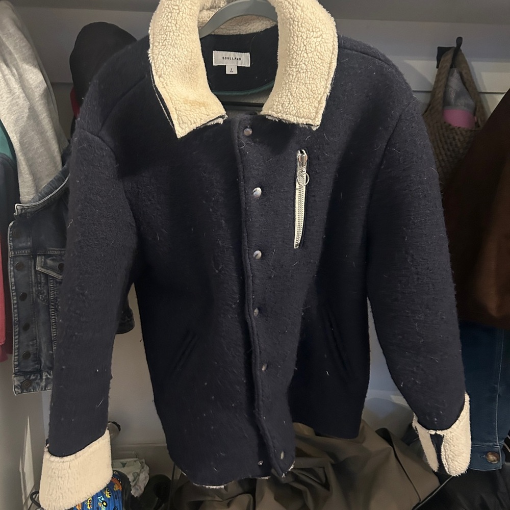Soulland Blue and Cream Men's Jacket - Size Large